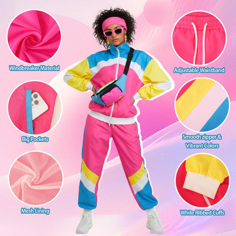 ZhouBoat Women's 80s 90s Tracksuit Costume Accessories Set Color Block Sportswear Retro Windbreaker Outfits Neon Fanny Pack Hip Hop Accessories L - Image 2