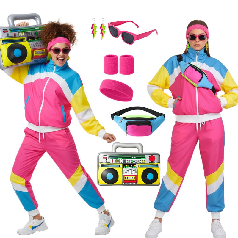 ZhouBoat Women's 80s 90s Tracksuit Costume Accessories Set Color Block Sportswear Retro Windbreaker Outfits Neon Fanny Pack Hip Hop Accessories L - Image 1