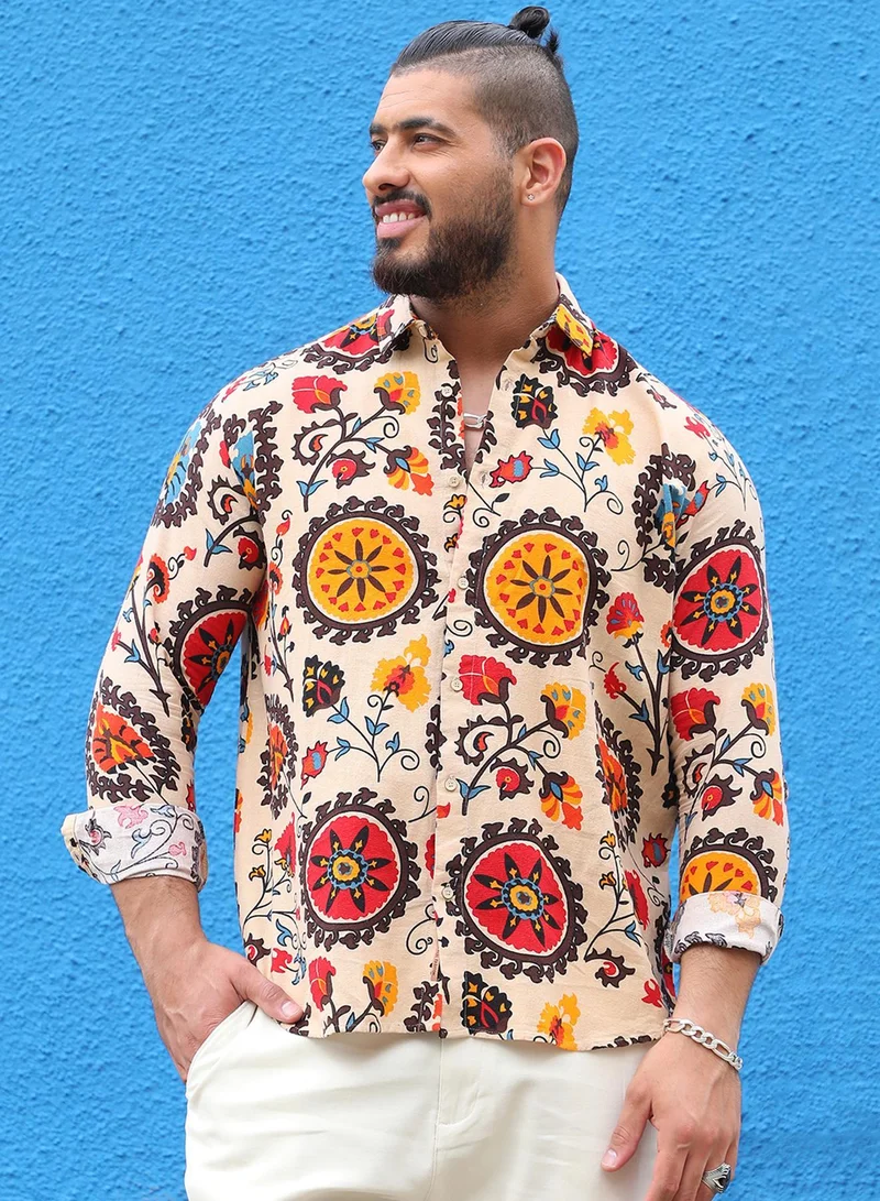 Instafab Plus Instafab Plus Men's Multicolour Ethnic Floral Shirt For Casual Wear | Spread Collar | Long Sleeve | Button Closure | Cotton Shirt Crafted With Comfort Fit For Everyday Wear