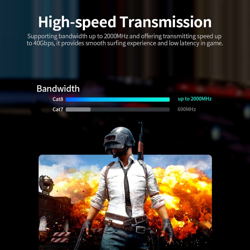 كابل إيثرن Cat8 كابل شبكة عالي السرعة 40 جيجابت في الثانية 2000 ميجاهيرتز / زوج ملتف محمي / واجهة RJ45 مطلي بالذهب لون أسود 1 متر - Image 3