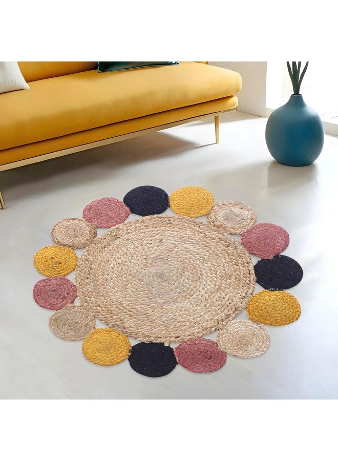 Kuber Industries Hand Woven Carpet Rugs|Natural Solid Braided Jute Door mat|Multicolor Circle Border for Bedroom,Living Room,Dining Room,Yoga,74x74 cm,(Brown) - Image 1