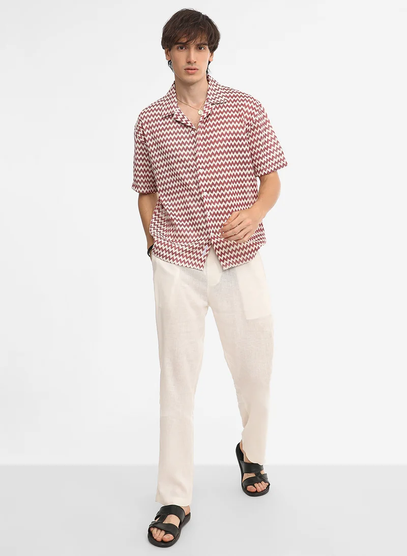Campus Sutra Men's Terracotta Brown & Powder White Chevron-Striped Oversized Shirt