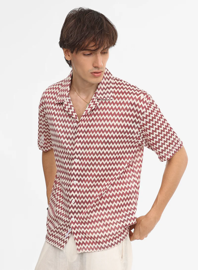 Campus Sutra Men's Terracotta Brown & Powder White Chevron-Striped Oversized Shirt