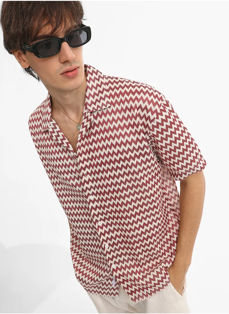 كامبوس سوترا Men's Terracotta Brown & Powder White Chevron-Striped Oversized Shirt
