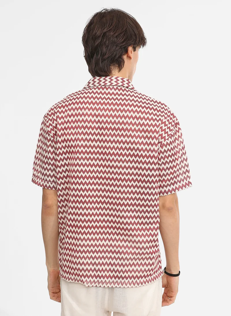 Campus Sutra Men's Terracotta Brown & Powder White Chevron-Striped Oversized Shirt