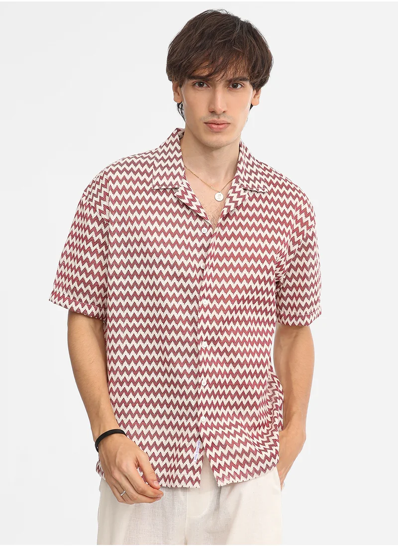 كامبوس سوترا Men's Terracotta Brown & Powder White Chevron-Striped Oversized Shirt