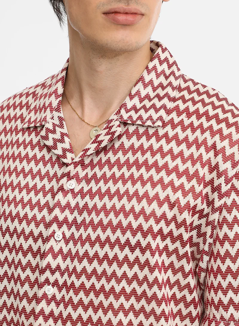 Campus Sutra Men's Terracotta Brown & Powder White Chevron-Striped Oversized Shirt