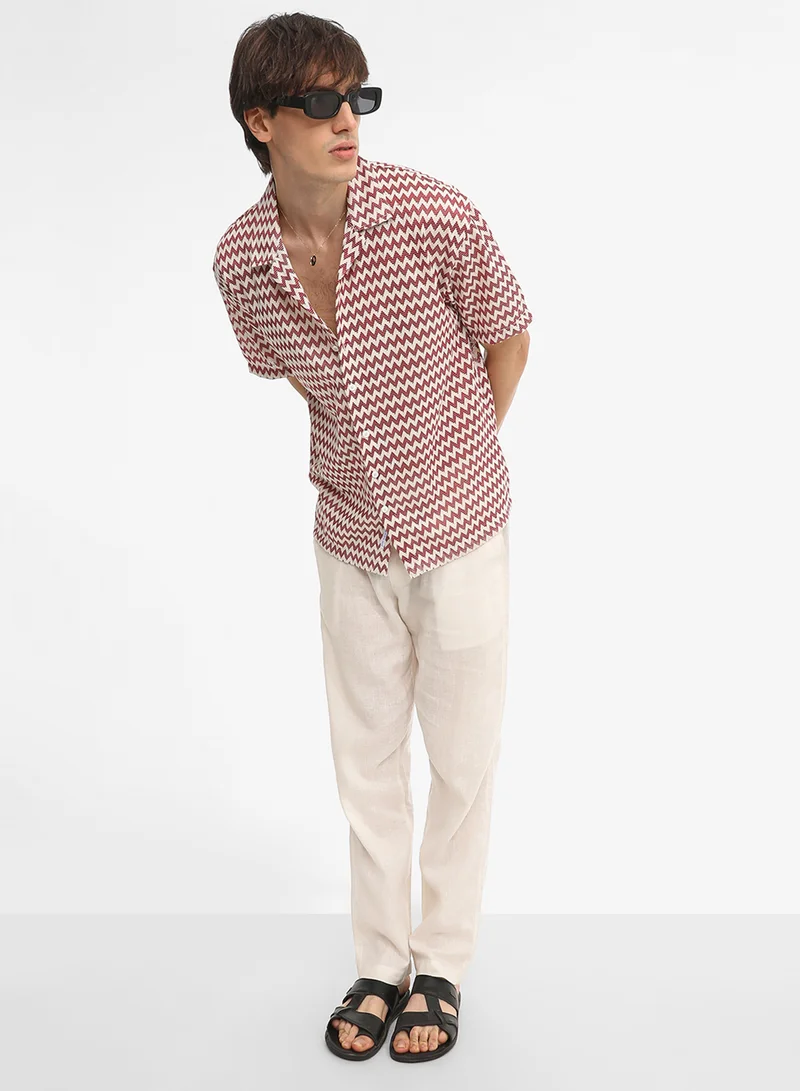 Campus Sutra Men's Terracotta Brown & Powder White Chevron-Striped Oversized Shirt