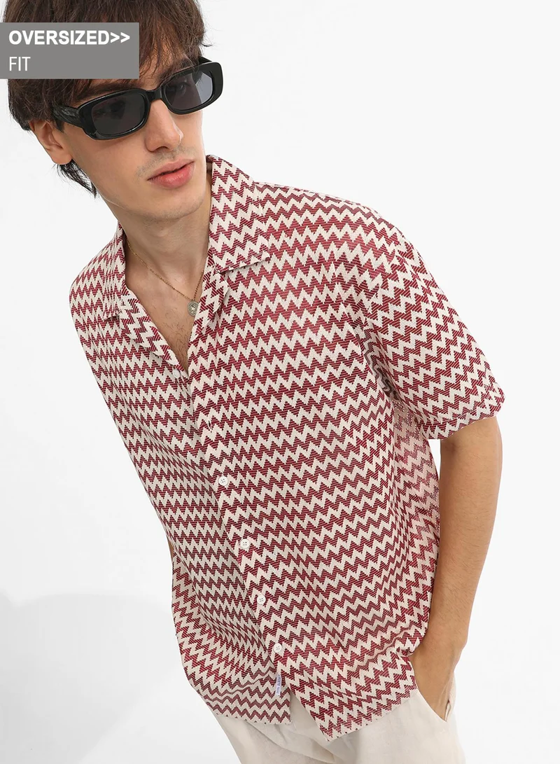 Campus Sutra Men's Terracotta Brown & Powder White Chevron-Striped Oversized Shirt