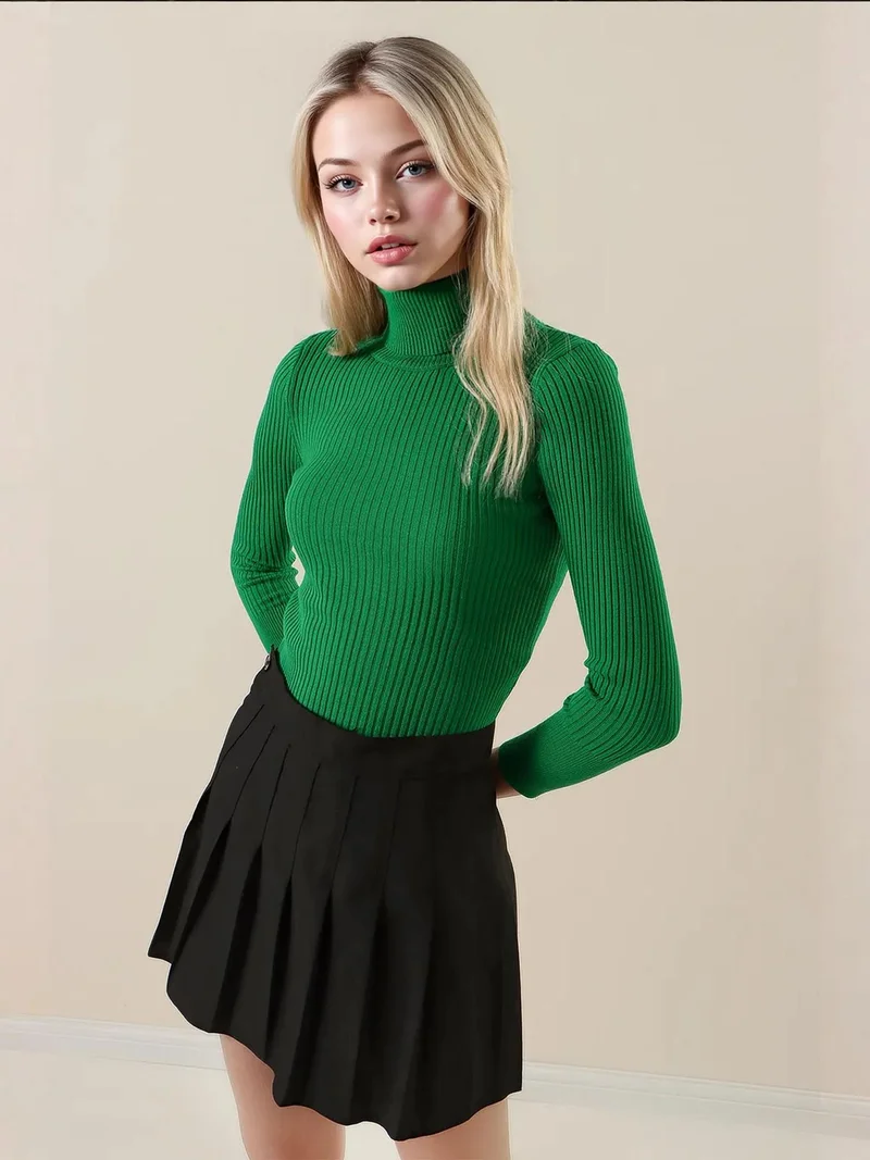 Big Dart Green BDART Textured Turtleneck Fitted Sweater for Women | Best Price UAE