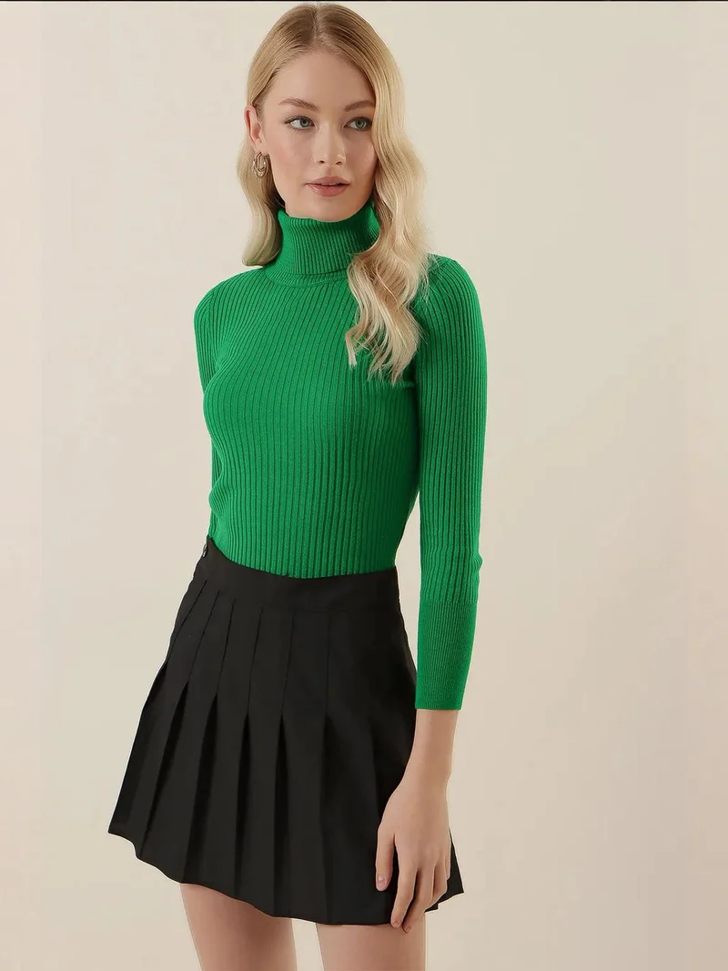 Big Dart Green BDART Textured Turtleneck Fitted Sweater for Women | Best Price UAE