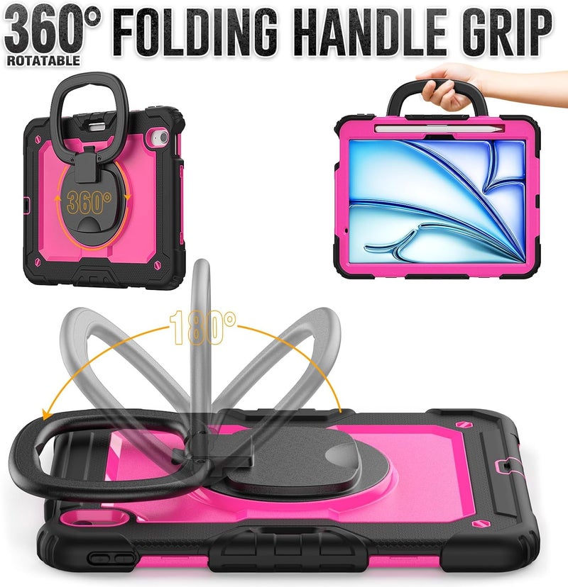 YUANSHXM-Case for iPad Air 11-inch (M2, 2024 Release), 3 Layers Upgraded All-Inclusive Protection Case with 360 Rotating Multi Functional Handle Ring & Stand & Shoulder Strap (E) - Image 4