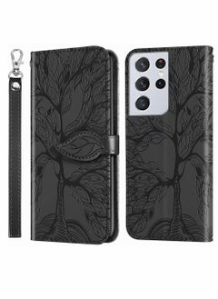 KASTWAVE Wallet Case for Samsung Galaxy S21 Ultra, Embossed Tree Premium PU Leather [Folio Flip][Kickstand][Card Slots][Wrist Strap][6.8 inches] Cover for Samsung S21 Ultra, Shockproof PC & TPU Bumper (Black)  - Image 1