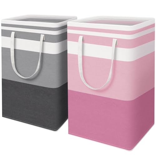 HomeHacks 2 Pack Large Laundry Baskets Waterproof Freestanding Laundry Hampers Collapsible Clothes Hamper with Reinforced Handles in Laundry College Dorm Bathroom Bedroom GreyPink 88Lx2 - Image 1