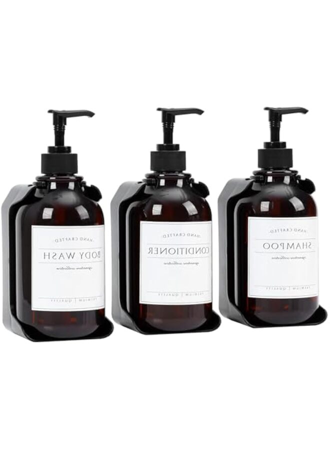 موزع شامبو وبلسم، 3 قطع، موزع صابون استحمام، يُثبت على الحائط، 16.9 أونصة، بني اللون - Image 1
