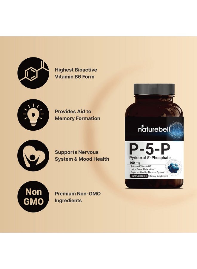 NatureBell - P5P Vitamin As Pyridoxal 5 Phosphate 100Mg 180 Capsules Activated P5P Vitamin B6 Supplements Support Brain Health & Memory Function No Gmos - Image 1