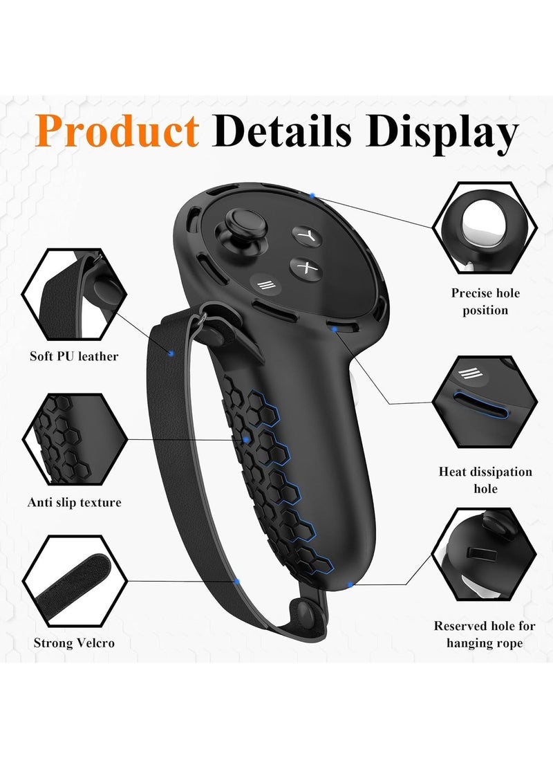 Controller Grips for Oculus Quest 3,Comfortable PU Leather Silicone Cover with Controller Hand Straps, 2Pcs Joystick Protection,Precise Hole Positions for Meta Quest 3 Accessories (Black) - Image 3