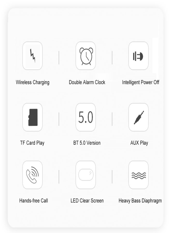 مكبرات صوت لاسلكية BT-508 بتقنية بلوتوث 5.0، شاشة عرض الوقت، مضخم صوت مزدوج، ساعة منبه، دعم الشحن اللاسلكي للهاتف، منفذ بطاقة TF، منفذ USB، مدخل AUX، راديو FM، مكالمات بدون استخدام اليدين مع ميكروفون - Image 4