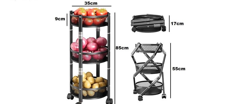 IMUU 3 Tiers Metal Kitchen Rotating Trolley Storage Rolling Cart Foldable Kitchen Storage Rack Lockable Wheels Items Vegetable Fruit Basket Stand for Home Appliance Office Travel Black 1Pcs - Image 2