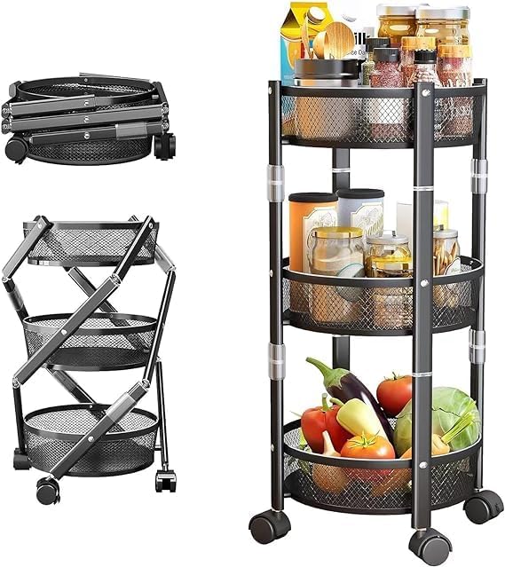 IMUU 3 Tiers Metal Kitchen Rotating Trolley Storage Rolling Cart Foldable Kitchen Storage Rack Lockable Wheels Items Vegetable Fruit Basket Stand for Home Appliance Office Travel Black 1Pcs - Image 1