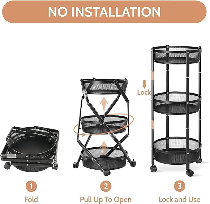 IMUU 3 Tiers Metal Kitchen Rotating Trolley Storage Rolling Cart Foldable Kitchen Storage Rack Lockable Wheels Items Vegetable Fruit Basket Stand for Home Appliance Office Travel Black 1Pcs - Image 3