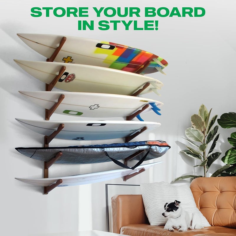 COR Surf Store حامل حائط لوح التزلج الخشبي لألواح التزلج، ألواح الثلج، ألواح التزلج، ألواح الطائرات المائية وألواح الاستيقاظ، حامل عرض ثلاثي الطبقات لألواح التزلج، مصنوع من الخيزران المستدام (24 × 4 × 4 بوصة) - Image 4