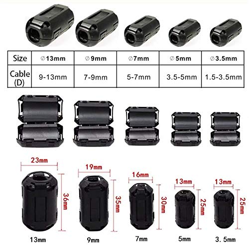 Tamicy 60 Pieces Clip-on Ferrite Ring Core RFI EMI Noise Suppressor Cable Clip for 3mm/ 5mm/ 7mm/ 9mm/ 13mm Diameter/Video Cable Power Cord (Black) - Image 2