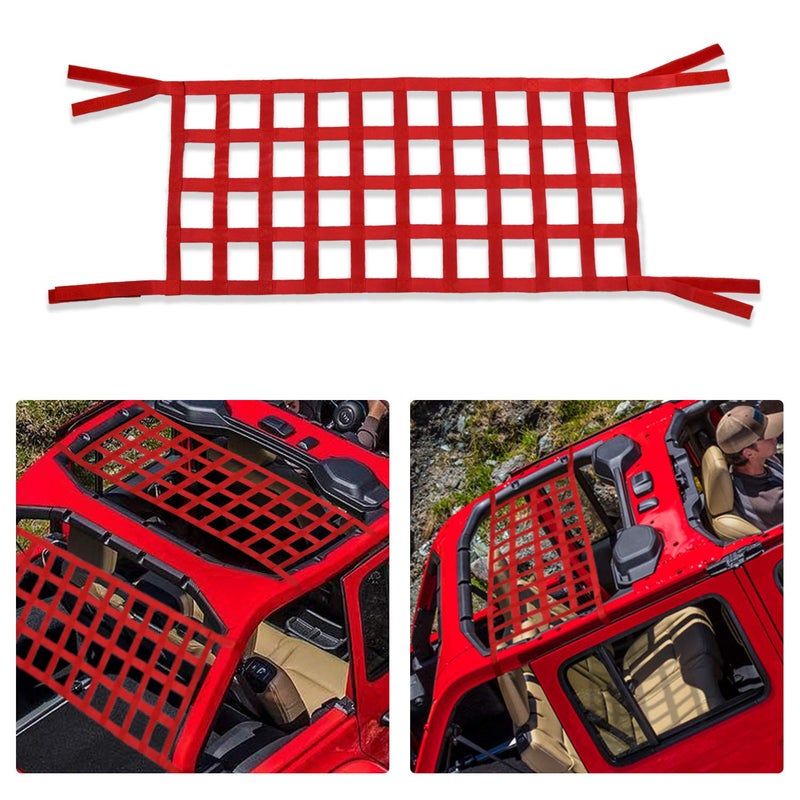 ONE250 Cargo Mesh Heavy Duty Net Roof Top Hammock or Rear Trunk Restraint Baggage Cover Compatible with Jeep Wrangler TJ JK JKU JL JLU YJ Sahara Rubicon Unlimited 19872024 2 Door 4 Door Red