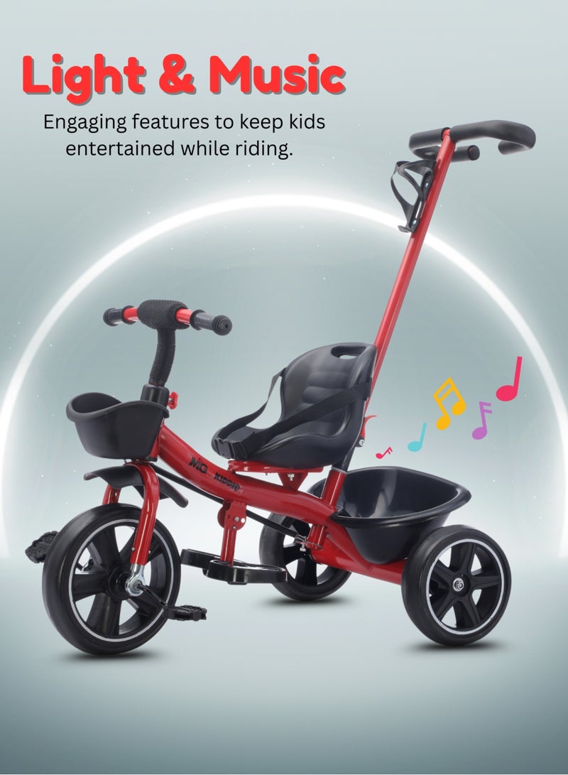 MG Kids 2-in-1 Tricycle with Parental Push Handle | Toddler Ride-On Toys with Front Basket, Rear Storage | Safety Belt, Anti-Slip Pedals | Steel Frame | Ages 1-5-Red  - Image 3