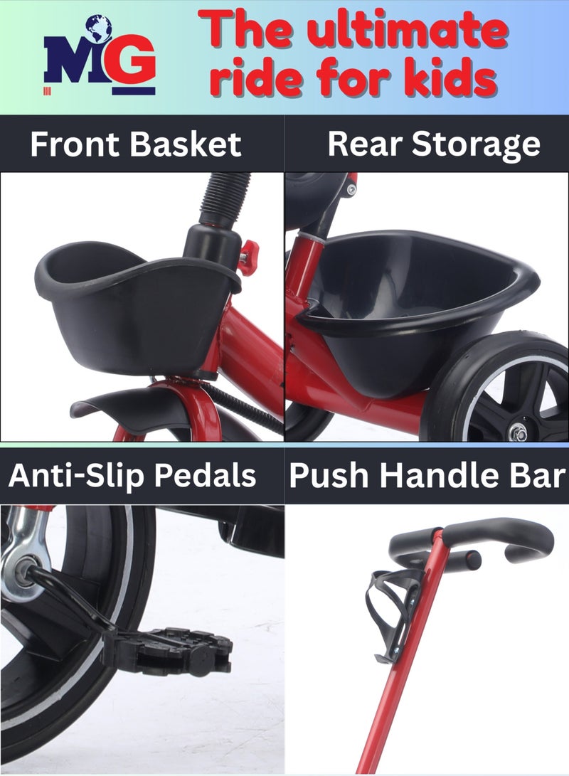 MG Kids 2-in-1 Tricycle with Parental Push Handle | Toddler Ride-On Toys with Front Basket, Rear Storage | Safety Belt, Anti-Slip Pedals | Steel Frame | Ages 1-5-Red  - Image 4