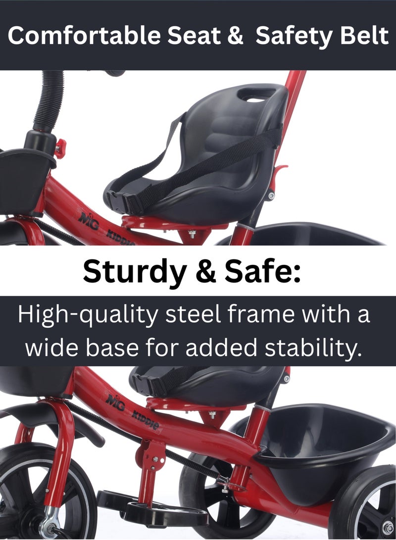 MG Kids 2-in-1 Tricycle with Parental Push Handle | Toddler Ride-On Toys with Front Basket, Rear Storage | Safety Belt, Anti-Slip Pedals | Steel Frame | Ages 1-5-Red  - Image 5