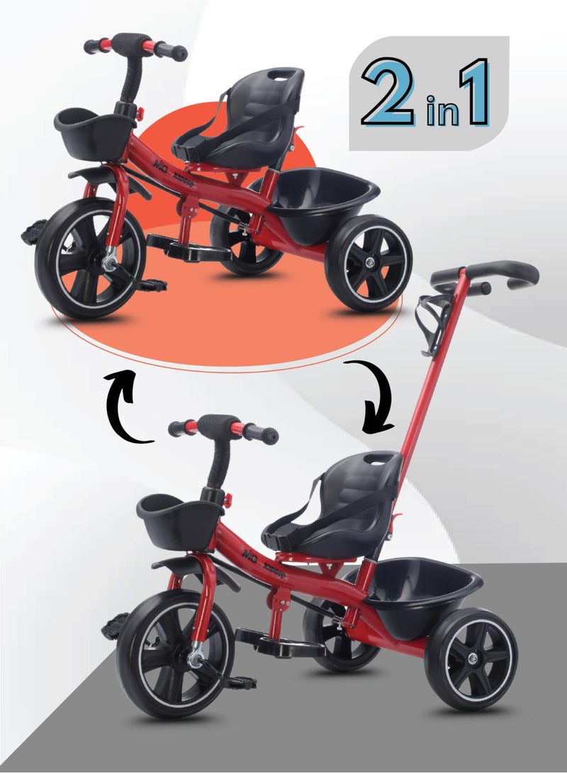 MG Kids 2-in-1 Tricycle with Parental Push Handle | Toddler Ride-On Toys with Front Basket, Rear Storage | Safety Belt, Anti-Slip Pedals | Steel Frame | Ages 1-5-Red  - Image 2