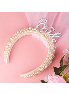 Bride Headband, Bride To Be Headband for Bridal Shower Gift Elegent Pearl Bridal Headband with Veil Bachelorette Party Decorations Bride Accessories (Sliver)