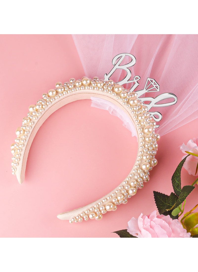 Generic - Bride Headband, Bride To Be Headband for Bridal Shower Gift Elegent Pearl Bridal Headband with Veil Bachelorette Party Decorations Bride Accessories (Sliver) - Image 1