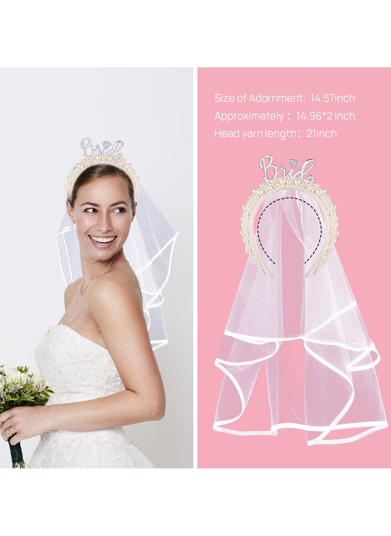 Generic - Bride Headband, Bride To Be Headband for Bridal Shower Gift Elegent Pearl Bridal Headband with Veil Bachelorette Party Decorations Bride Accessories (Sliver) - Image 1