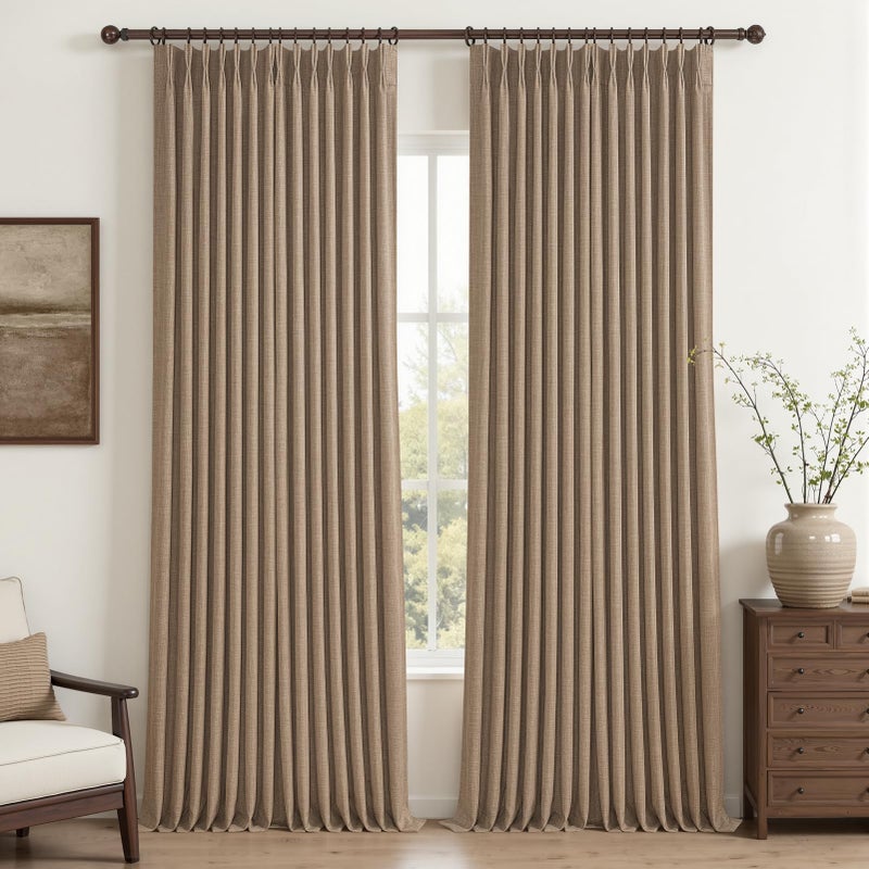 PleatedDrapes Rust Brown Pinch Pleated Blackout Curtains 96 Inches Long for Living Room, Natural Linen Memory Trained Privacy Rustic Curtain 8FT Length 2 Panel Set Insulated Soundproof Two Layer Viral Window Drapes - Image 1