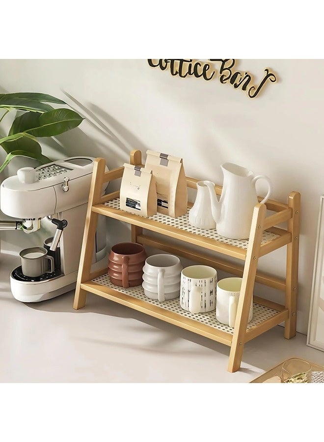 ShebSheb Modern Bamboo Kitchen Storage Rack, Double-Layer Coffee Station Organizer, Wicker-Look Cabinet Organizer,Spice Storage Rack, Desktop Shelf for Kitchen, Dormitory, and Office - Image 1
