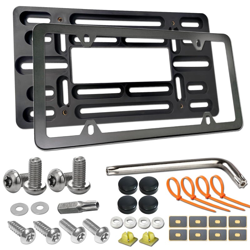 Aootf Front License Plate Bracket Universal Bumper Mounting Kit Car Tag Holder Adapter Black Aluminum Plate Cover AntiTheft Lock Screw Bolt Caps For US Vehicle Trailer Truck