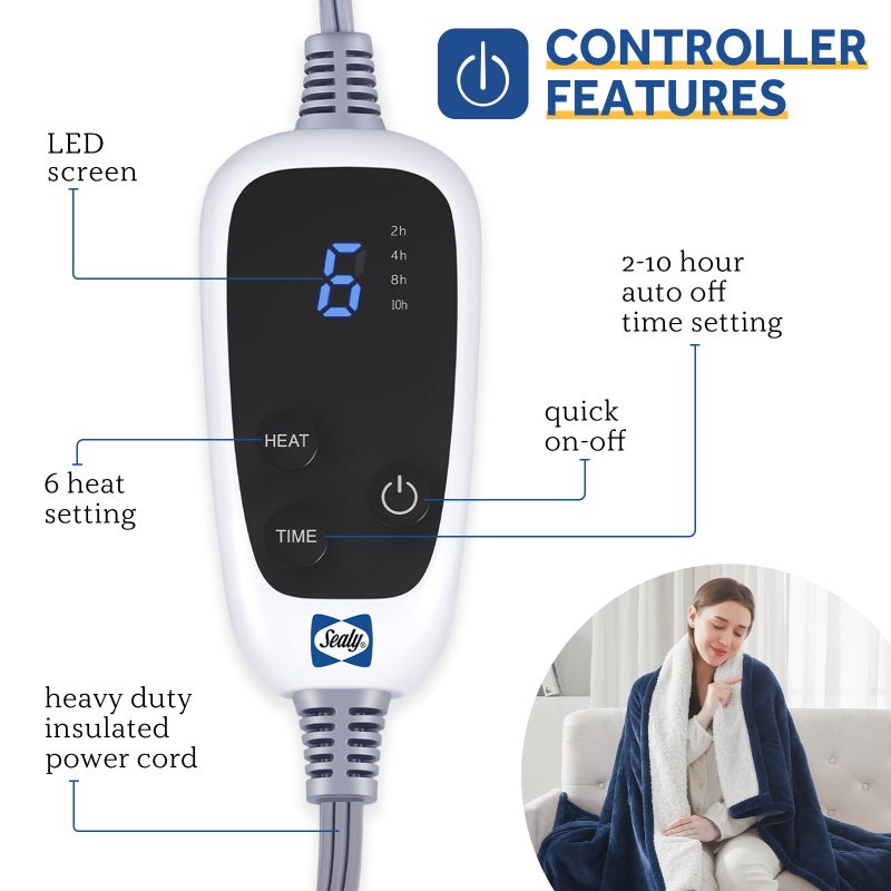 SEALY Heated Throw Blanket, Flannel & Sherpa Electric Throw with 6 Heat Setting & 2-10 Hours Auto Shut Off, Machine Washable, 50x60 Inch, Navy - Image 2