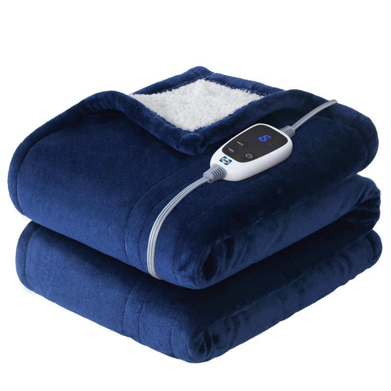 SEALY Heated Throw Blanket, Flannel & Sherpa Electric Throw with 6 Heat Setting & 2-10 Hours Auto Shut Off, Machine Washable, 50x60 Inch, Navy - Image 1