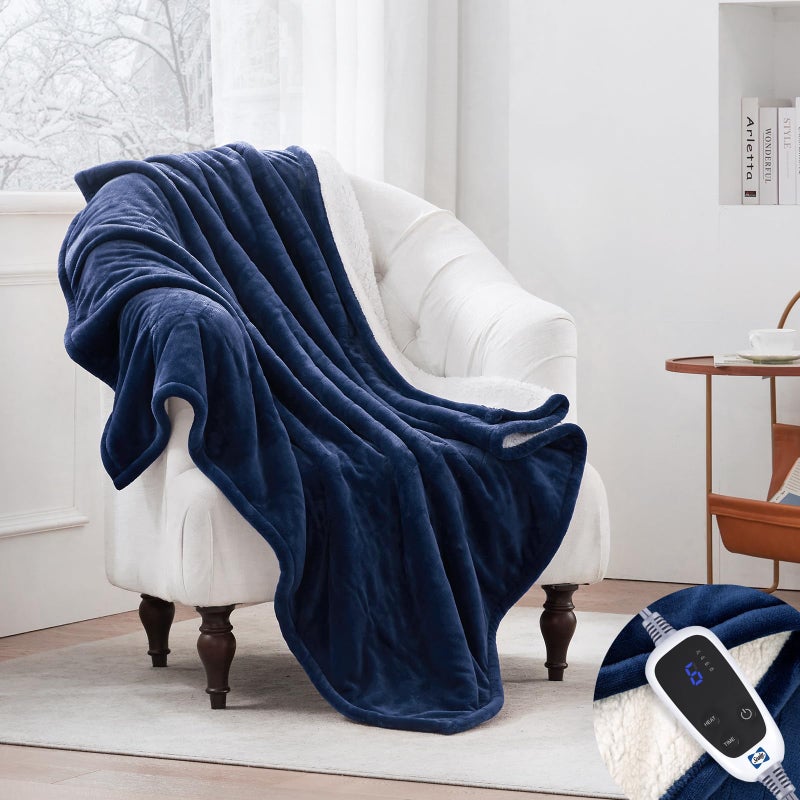 SEALY Heated Throw Blanket, Flannel & Sherpa Electric Throw with 6 Heat Setting & 2-10 Hours Auto Shut Off, Machine Washable, 50x60 Inch, Navy - Image 3