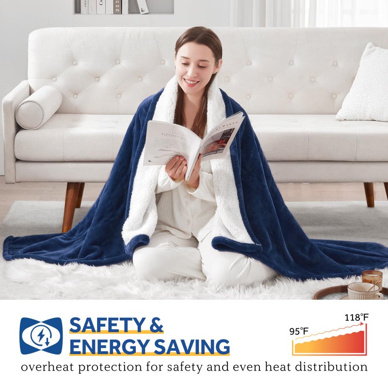 SEALY Heated Throw Blanket, Flannel & Sherpa Electric Throw with 6 Heat Setting & 2-10 Hours Auto Shut Off, Machine Washable, 50x60 Inch, Navy - Image 4