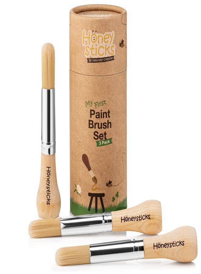 Honeysticks My First Paint Brush Set - 3 Pack: Ideal for Babies and Toddlers. Jumbo Brushes with Chubby Wood Handles for Easy Grip, Vegan. Includes Handy Storage Container - Image 1