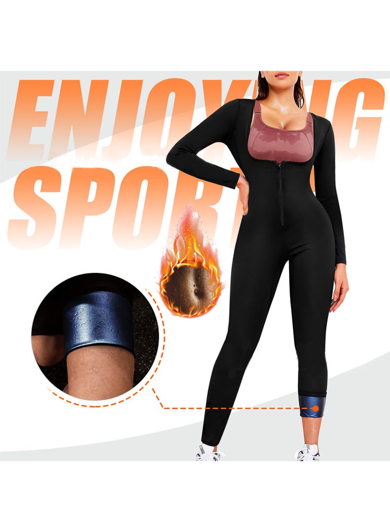 Bincoo Sauna Suit for Women,  Full Body Sweat Jumpsuit Waist Trainers， One-Piece Body Shaping Suit Suitable, Long Sleeve & Pants Burn More, Sweat More for Home Gym Fitness, Daily Fashion Attire, Postpartum Recovery, Weight loss and weight reduction, smoothing out loose areas, exercise, yoga, hiking, running, sports （Black, L) - Image 2