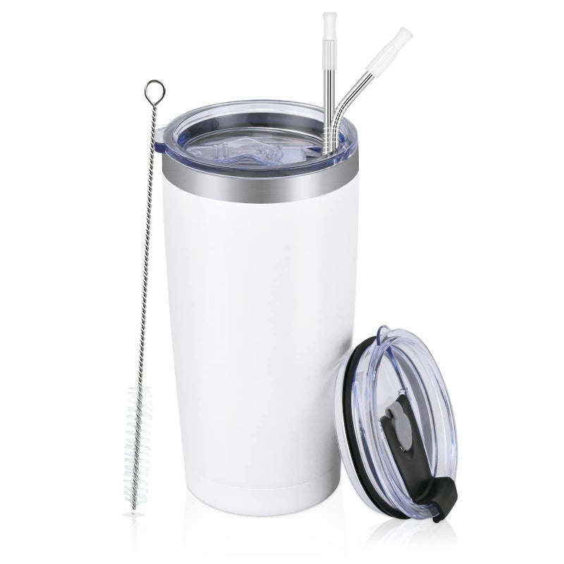 Futtumy Stainless Steel Travel Tumbler 20 Oz Tumbler with 2 Lids and Straws Insulated Coffee Tumbler Double Wall Travel Tumbler Thermal Cup Powder Coated Coffee Cup for Hot Cold Drinks White
