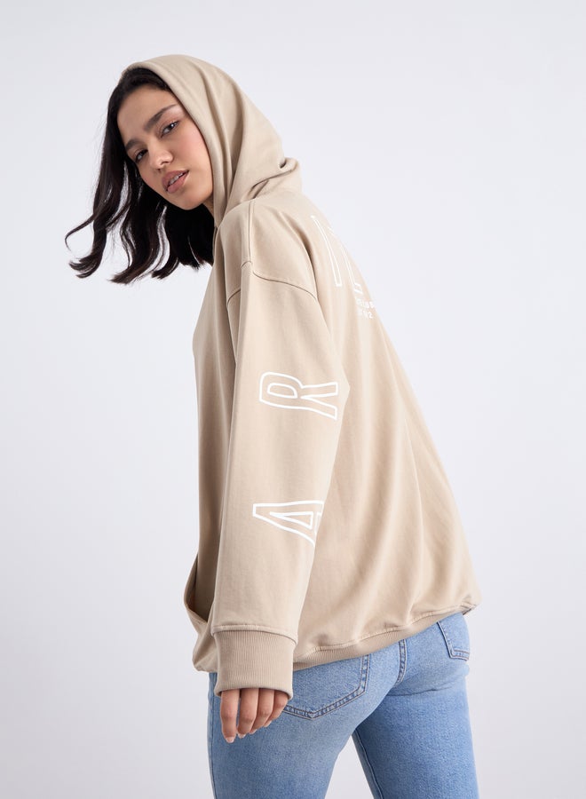 Styli Tan Graphic Print Longline Oversized Hoodie - Image 1