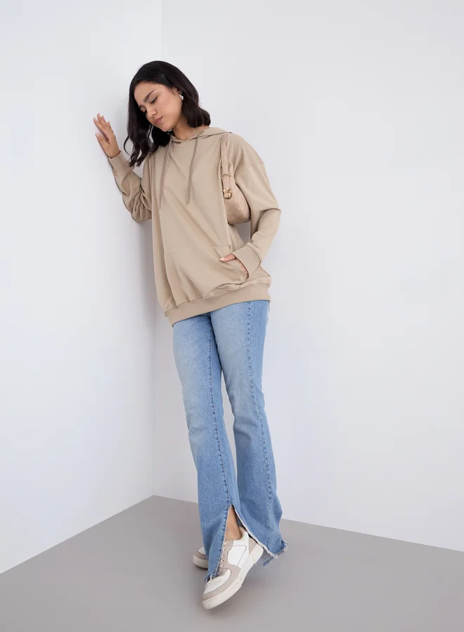 ستايلي Styli Tan Graphic Print Longline Oversized Hoodie