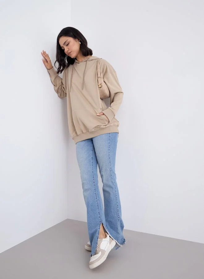 Styli  Styli Tan Graphic Print Longline Oversized Hoodie for Women | Best Price UAE