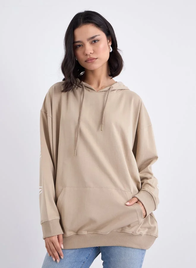 Styli Tan Graphic Print Longline Oversized Hoodie