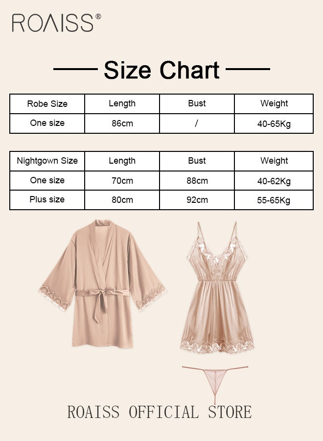 roaiss 2-Piece Set of Women Pajamas with V-Neck Design Women Home Wear Set Same Color Outer Robe and Lace Element Nightgown - Image 5